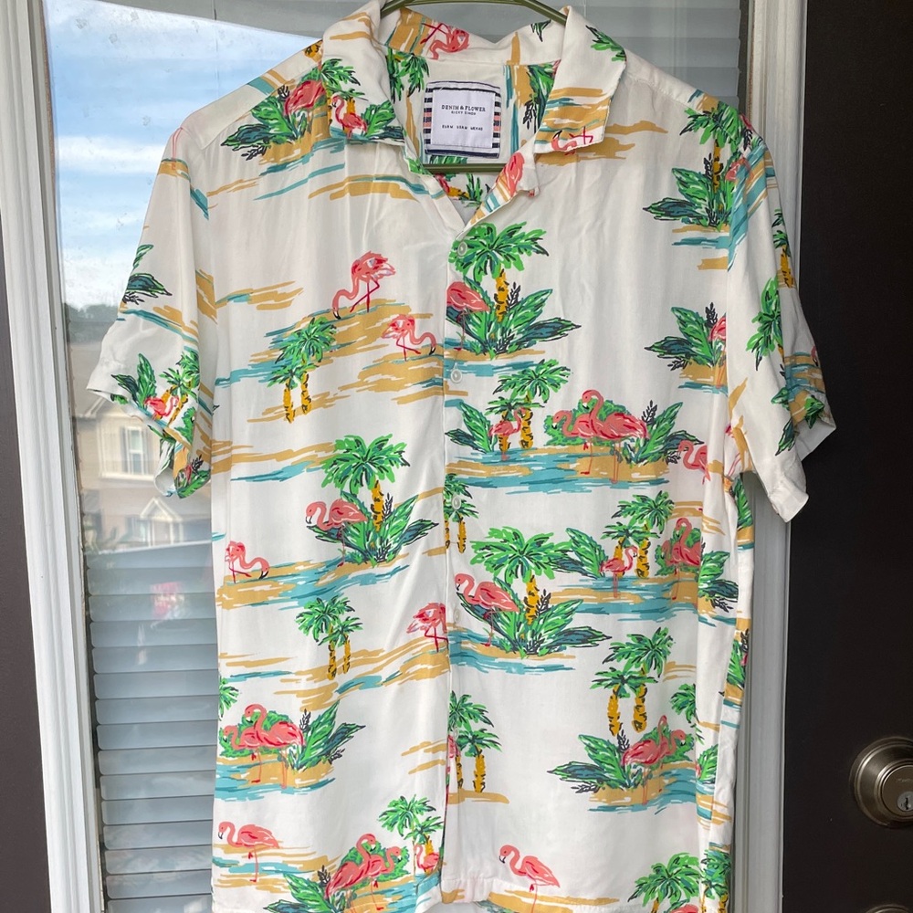 Denim and flower White Tropical Flamingo  Hawaiian Shirt- M